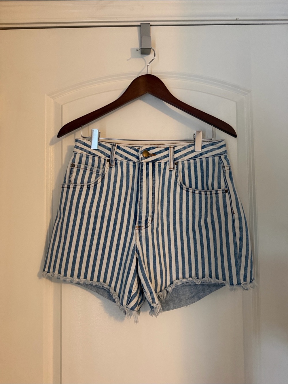 Billabong Blue and White Striped High-Rise Jean Shorts